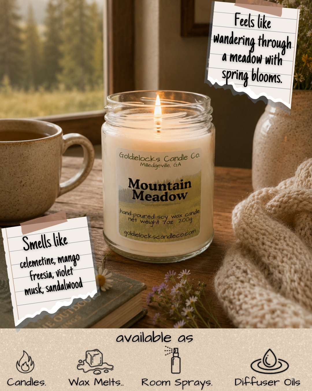 A lit candle labeled 'Mountain Meadow' by Goldielocks Candle Co., placed on a wooden table beside a mug, a book, a cozy knitted blanket, and small flowers, with notes describing the scent as smelling like citrus, mango, freesia, violet, musk, and sandalwood, and feeling like wandering through a meadow with spring blooms. The image also features icons indicating the candle is available as candles, wax melts, room sprays, and diffuser oils.