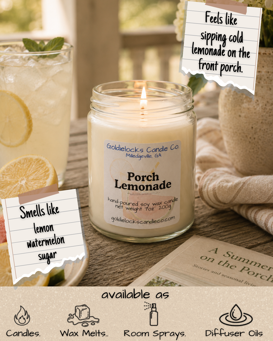 A lit candle labeled 'Porch Lemonade' next to a glass of lemonade with lemon slices and mint, and handwritten notes saying 'Feels like sipping cold lemonade on the front porch' and 'Smells like lemon watermelon sugar.'