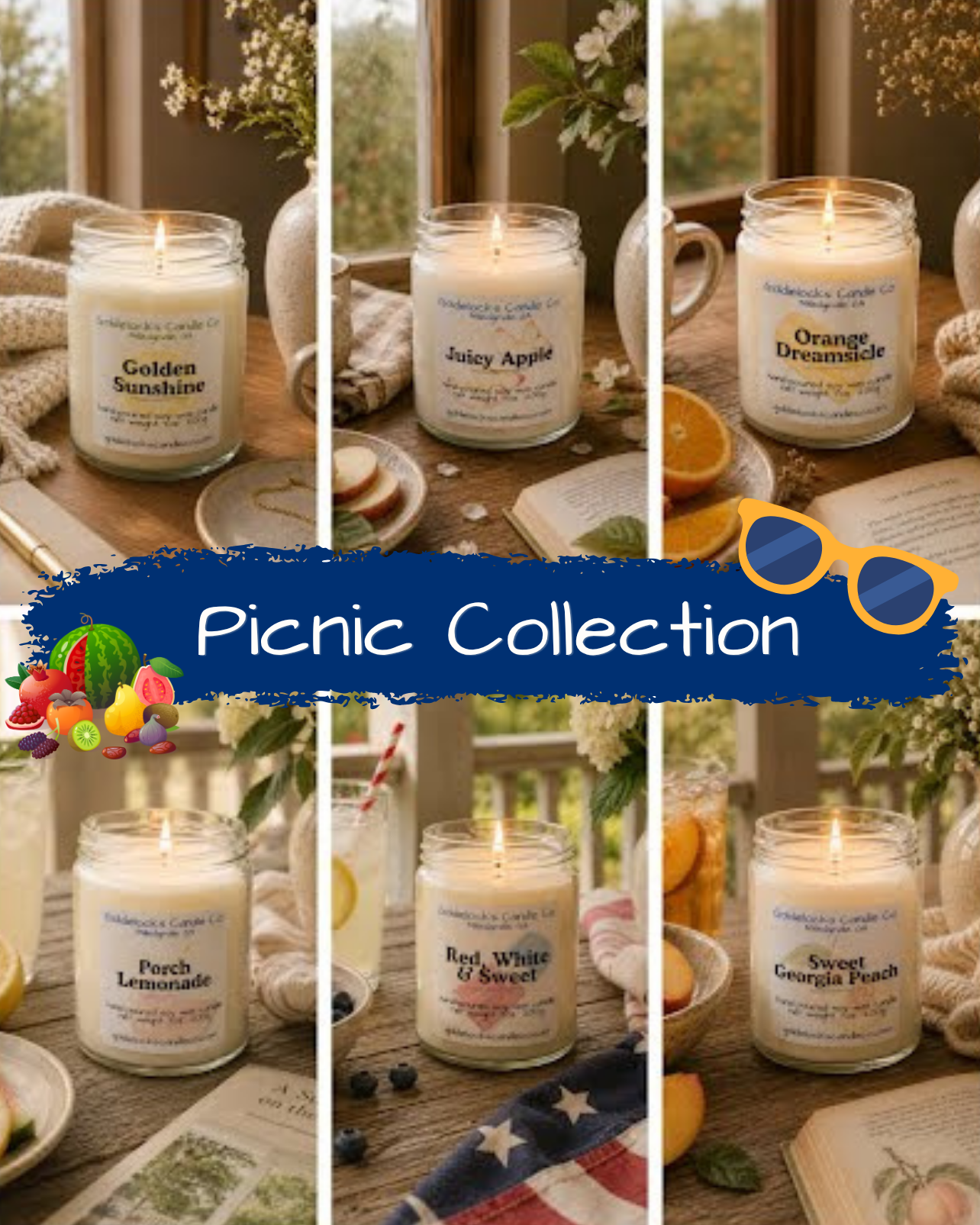 A collage of six scented candles for a picnic collection, including scents like Golden Sunshine, Juicy Apple, Orange Dreamsicle, Porch Lemonade, Red White & Sweet, and Sweet Georgia Peach, surrounded by picnic foods and decorations.