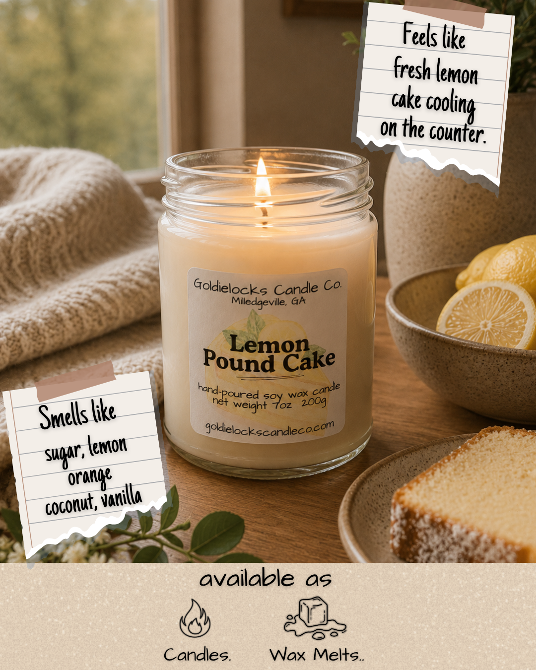 A lit Lemon Pound Cake scented candle in a glass jar on a wooden table, surrounded by lemon slices and a bowl of more lemons, with handwritten notes describing its fresh lemon scent and ingredients, and mentions of its availability as candles and wax melts.