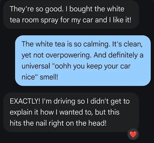 Text message conversation about white tea room spray, with a heart emoji at the bottom.