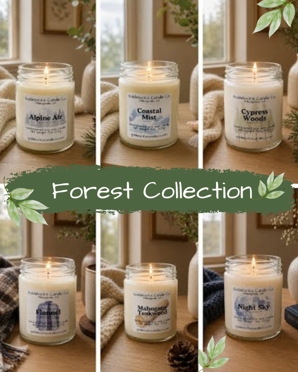 A collage of six candles from the Forest Collection, each labeled with different scents such as Alpine Air, Coastal Mist, Cypress Woods, Flannel, Mahogany Teakwood, and Night Sky, displayed on a wooden surface with background elements like windows, plants, and cozy textiles.
