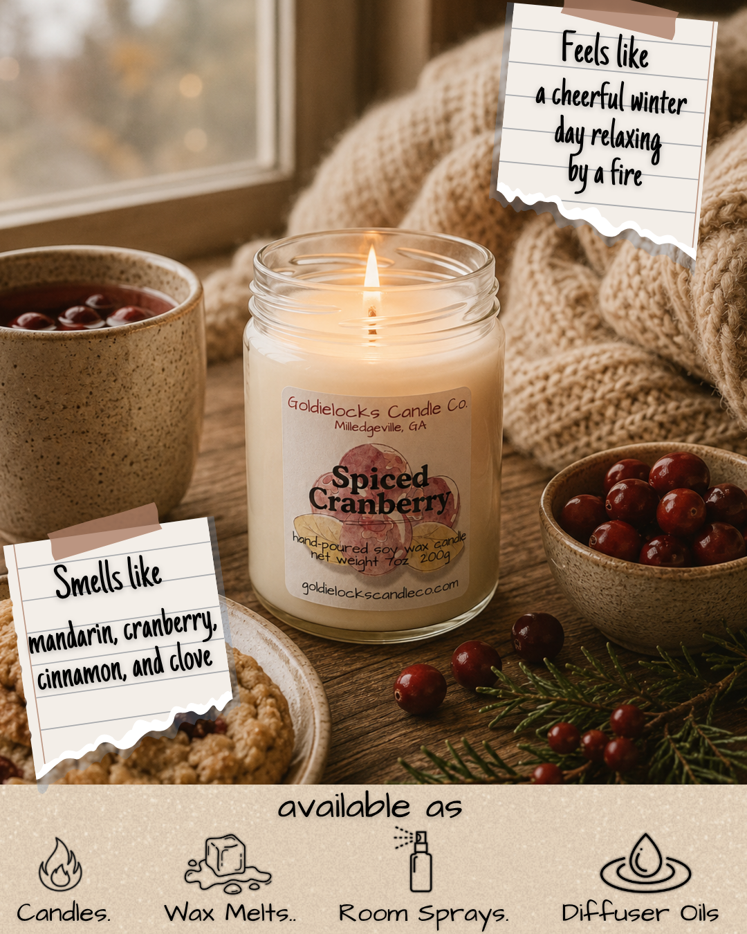 A cozy scene with a lit cranbery-scented candle from Goldielocks Candle Co. on a wooden table, surrounded by bowls of cranberries and a plate of cookies, with a knitted blanket in the background and notes describing the scent as feeling like a cheerful winter day and smelling like mandarin, cranberry, cinnamon, and clove.