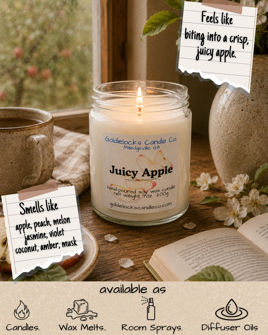 A lit scented candle labeled Juicy Apple on a wooden table, surrounded by a book, a mug, a jug, and flowers, with notes about the candle's scent and description.
