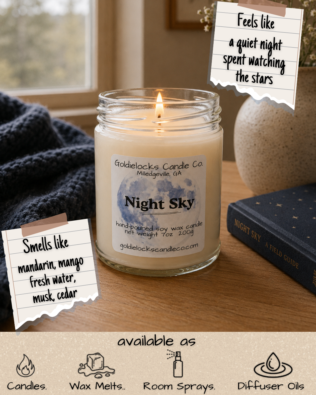 A lit candle labeled 'Night Sky' from Goldielocks Candle Co., sitting on a wooden surface near a window. The image includes notes stating it feels like a quiet night stargazing and smells like mandarin, mango, fresh water, musk, and cedar. Additional icons indicate the candle is available as candles, wax melts, room sprays, and diffuser oils.
