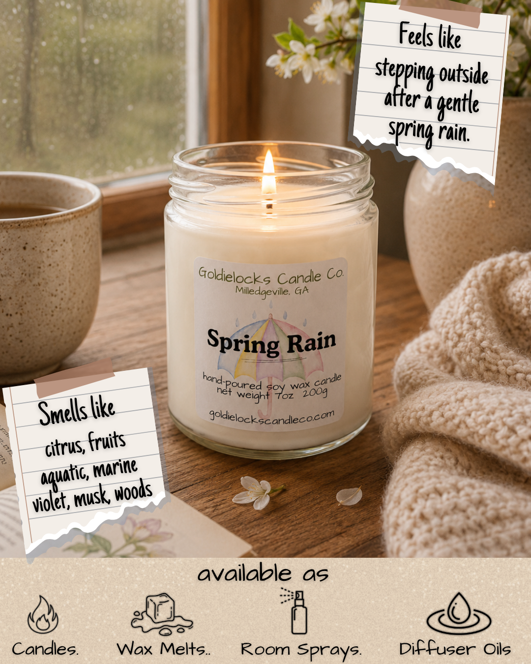 A lit soy wax candle labeled "Spring Rain" sits on a wooden surface next to a coffee mug, a cozy cream-colored blanket, and a vase with white flowers. The candle's label shows an umbrella illustration and describes the scent as smelling like citrus, fruits, aquatic, marine, violet, musk, and woods. Two notes indicate the scent feels like stepping outside after spring rain, and it smells like citrus, fruits, aquatic, marine, violet, musk, and woods. The bottom of the image lists the product types available: candles, wax melts, room sprays, diffuser oils.