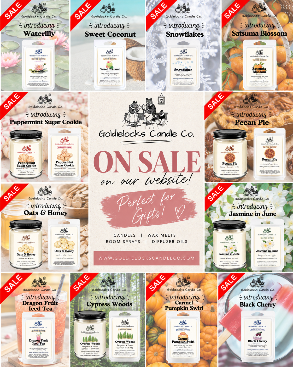A promotional collage for Goldielocks Candle Co. displaying various scented candles on sale with labels, backgrounds, and red "SALE" banners. The candles include Waterlily, Sweet Coconut, Snowflakes, Satsuma Blossom, Peppermint Sugar Cookie, Pecan Pie, Oats & Honey, Jasmine in June, Dragon Fruit Iced Tea, Cypress Woods, Carmel Pumpkin Swirl, and Black Cherry.