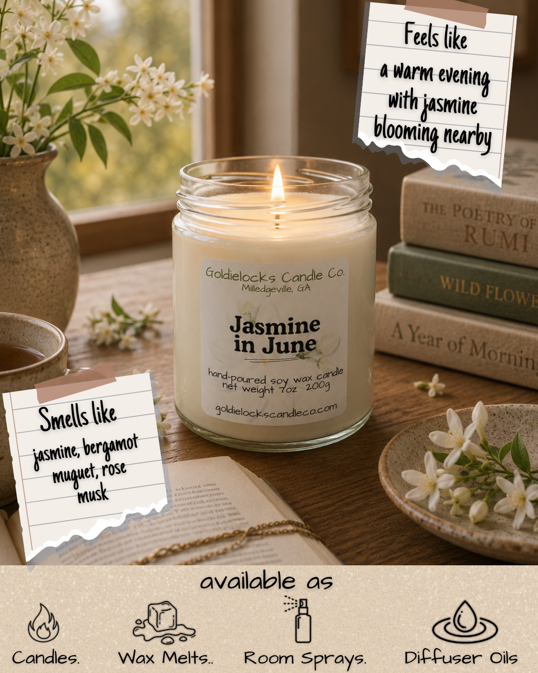 A cozy scene with jasmine-scented candle on a wooden table, surrounded by flowers and books, creating a warm evening atmosphere.