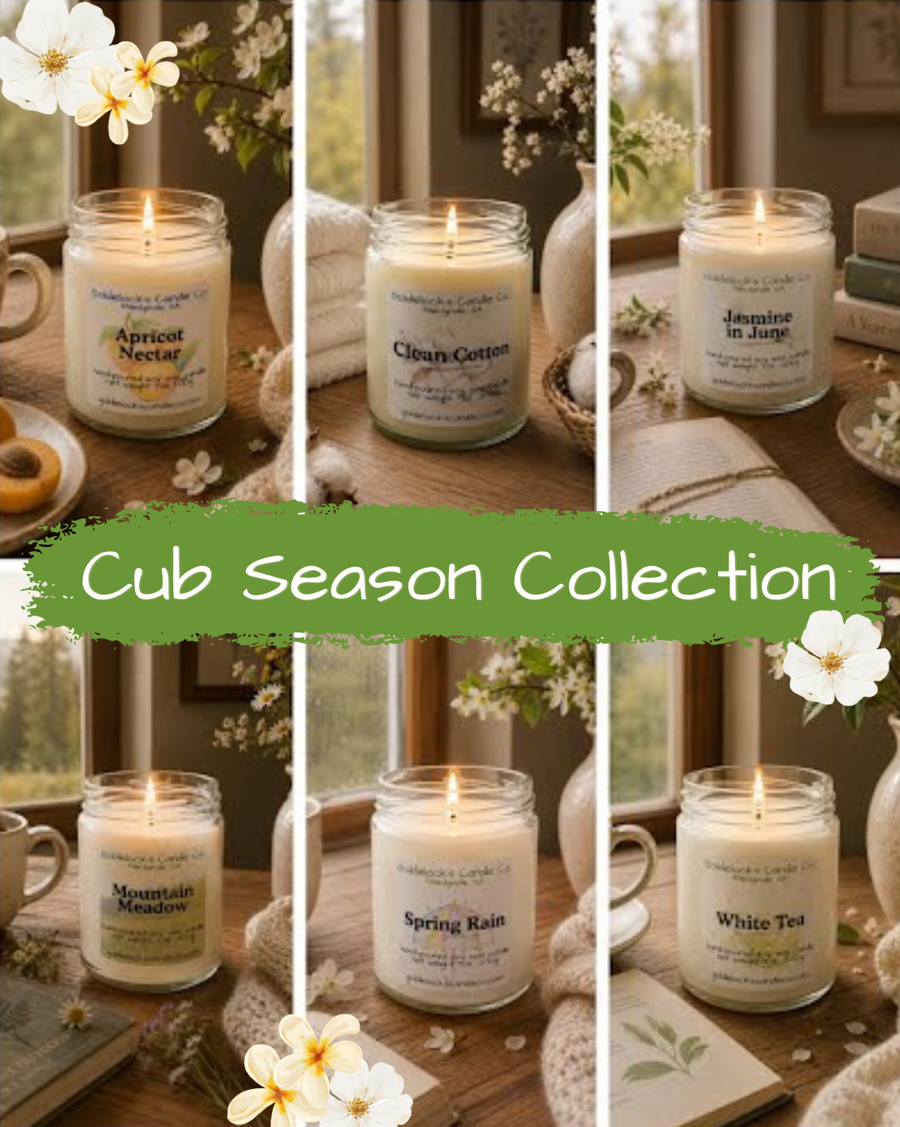 A collage of six images features cozy indoor scenes with lit candles, surrounded by flowers, books, and decorative items. The images showcase different scented candles from the Cub Season Collection, with labels reading Apricot Nectar, Clean Cotton, Jasmine in June, Mountain Meadow, Spring Rain, and White Tea.