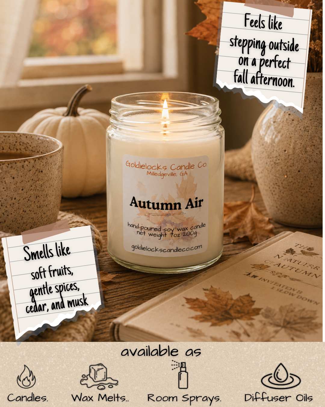 A lit candle labeled "Autumn Air" on a wooden table, with a pumpkin, a cup, a book, and autumn leaves around it. Handwritten notes describe the candle as smelling like soft fruits, gentle spices, cedar, and musk, and feeling like stepping outside on a perfect fall afternoon. Available as candles, wax melts, room sprays, and diffuser oils.