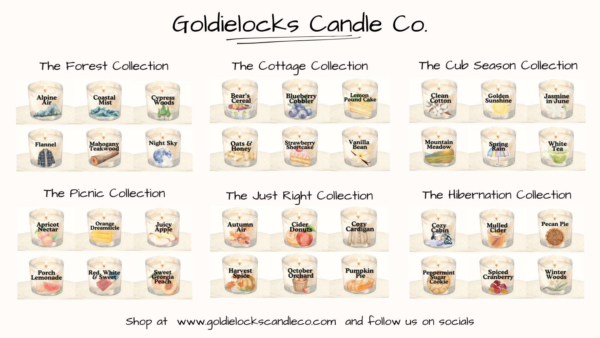 A collection of candles from Goldielocks Candle Co., organized into categories such as The Forest Collection, The Cottage Collection, The Cub Season Collection, The Picnic Collection, The Just Right Collection, and The Hibernation Collection, each with different scented candles.