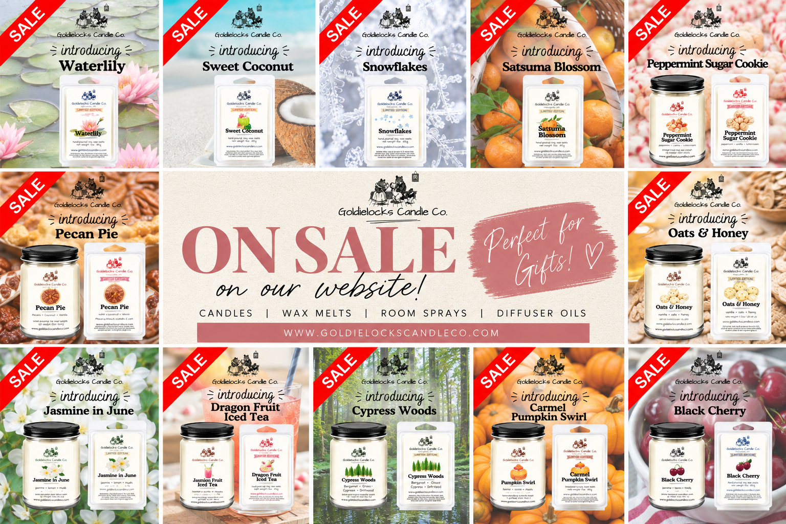 Collection of candle jars and wax melts from Goldielocks Candle Co. on sale, featuring various scents including Waterlily, Sweet Coconut, Snowflakes, Satsuma Blossom, Peppermint Sugar Cookie, Pecan Pie, Oats & Honey, Jasmine in June, Dragon Fruit Iced Tea, Cypress Woods, Carmel Pumpkin Swirl, and Black Cherry, displayed in colorful backgrounds with sale banners.