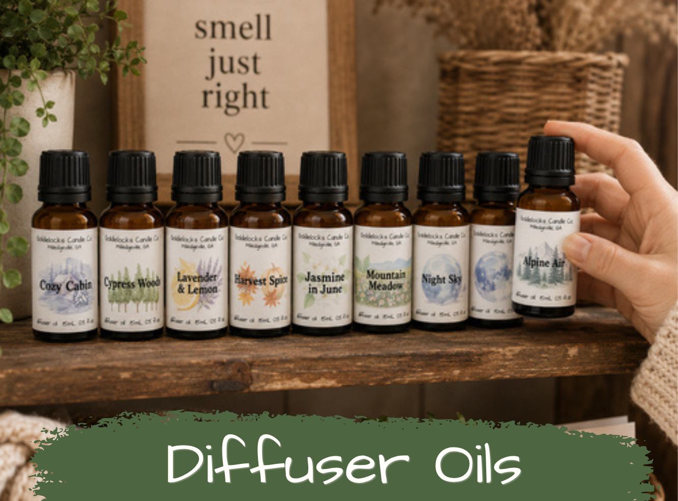 A hand holding a small bottle of alpine air diffuser oil, with a row of similar diffuser oils on a wooden shelf behind it, including Cozy Cabin, Cypress Wood, Lavender & Lemon, Harvest Spice, Jasmine in June, Mountain Meadow, Night Sky, Earth, and Alpine Air. There's a sign in the background that says 'smell just right' and some decorative plants.