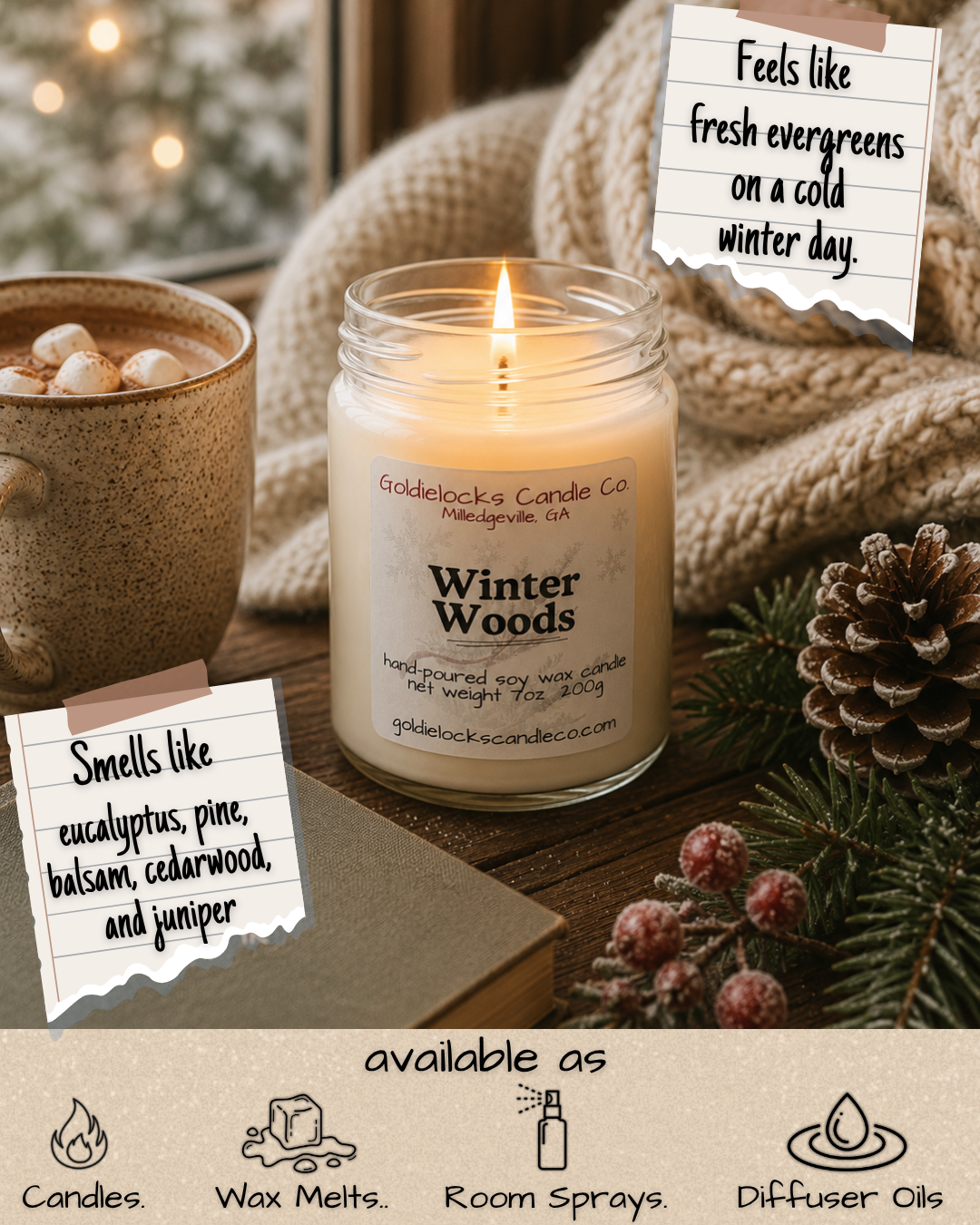 A lit winter woods scented candle in a glass jar, with a mug of hot chocolate topped with marshmallows, a pinecone, and holiday greenery on a wooden table. Notes mention the scent is like fresh evergreens on a cold winter day and smells like eucalyptus, pine, balsam, cedarwood, and juniper.