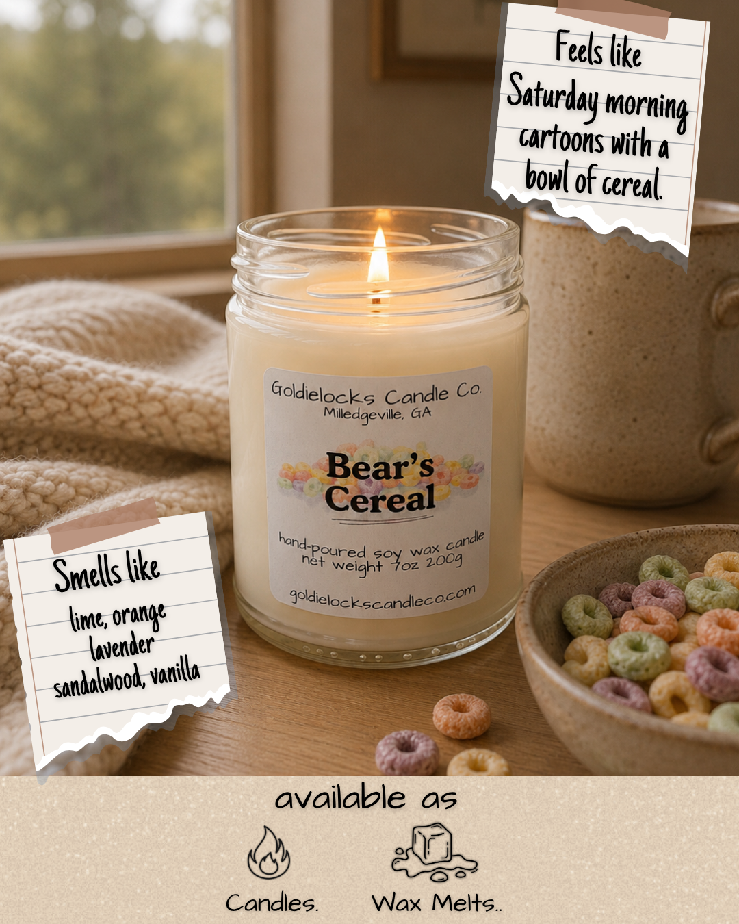 A lit candle labeled 'Bear's Cereal' sitting on a wooden surface with a bowl of colorful cereal and a mug, with notes indicating it smells like lime, orange, lavender, sandalwood, and vanilla, and feels like Saturday morning cartoons with cereal, available as candles and wax melts.