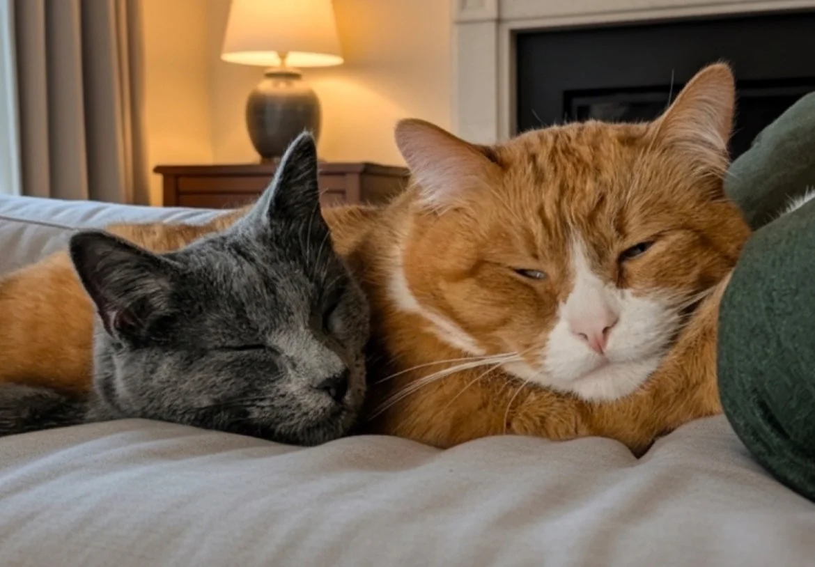 Two cats, one gray and orange and the other orange and white, cuddling and sleeping on a bed in a cozy room with a lamp in the background.
