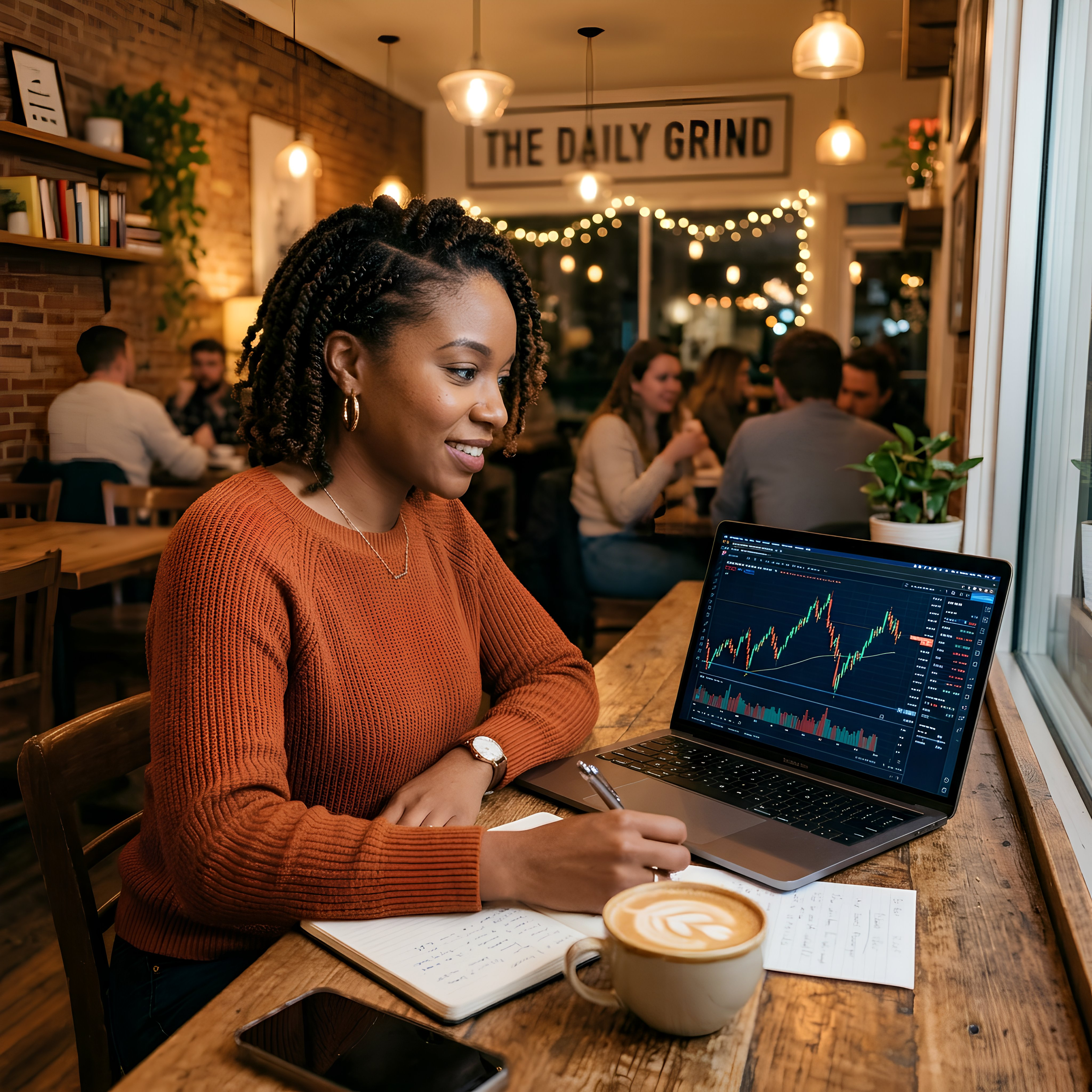 A woman working on a laptop with stock charts on the screen in a cozy coffee shop, with a sign saying 'The Daily Grind' on the wall, and shelves with books and plants in the background.