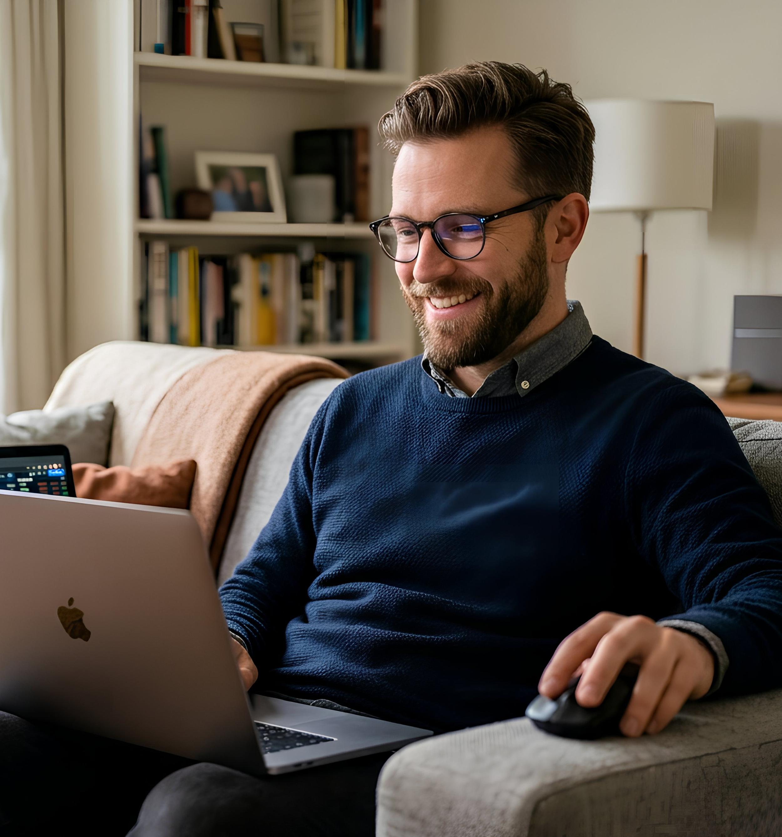 A man with glasses and a beard, smiling, using a laptop and a computer mouse in a cozy living room. In the background, there are shelves with books and framed photographs.