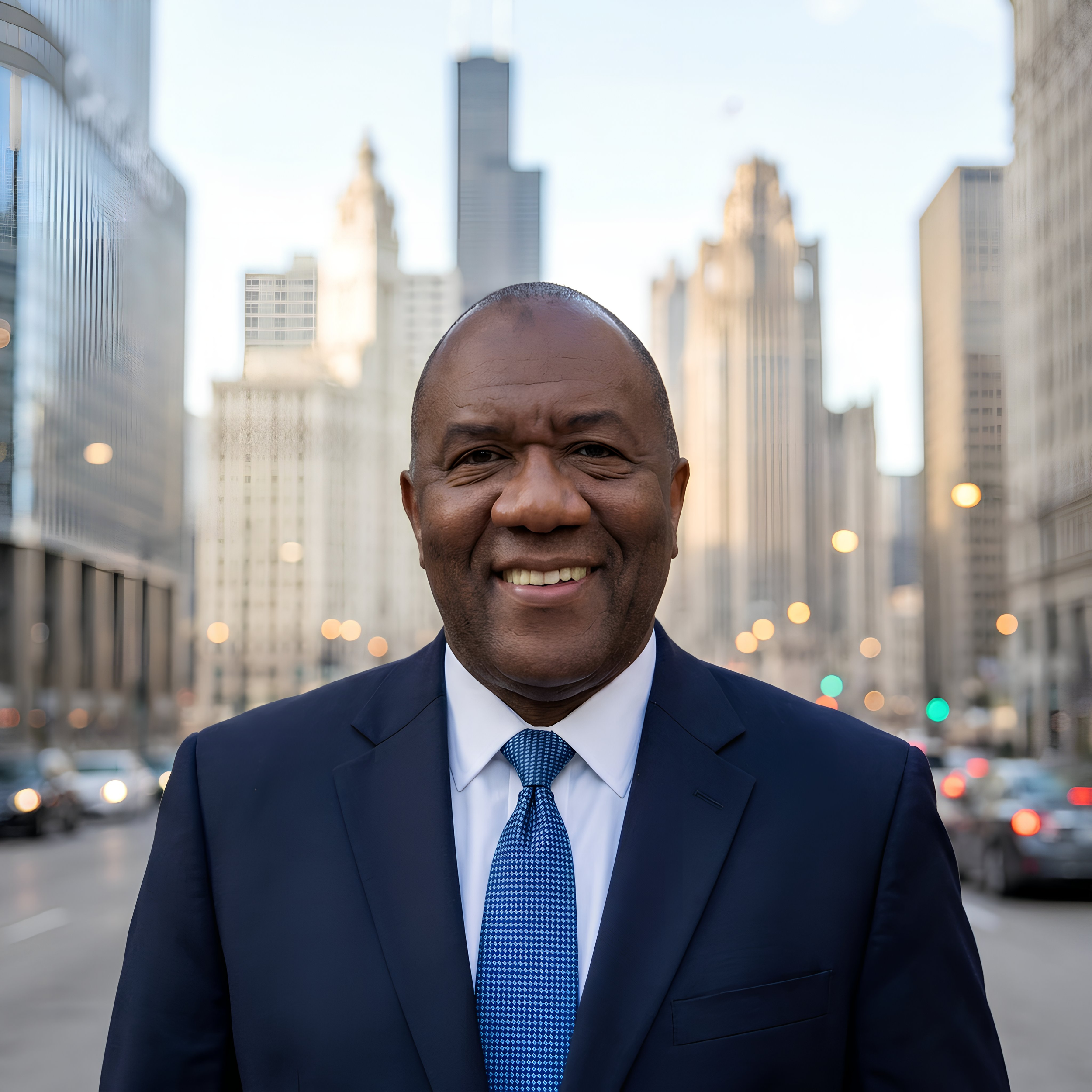 Close-up of a smiling man in a dark suit and blue tie standing outdoors in a city with tall buildings in the background.