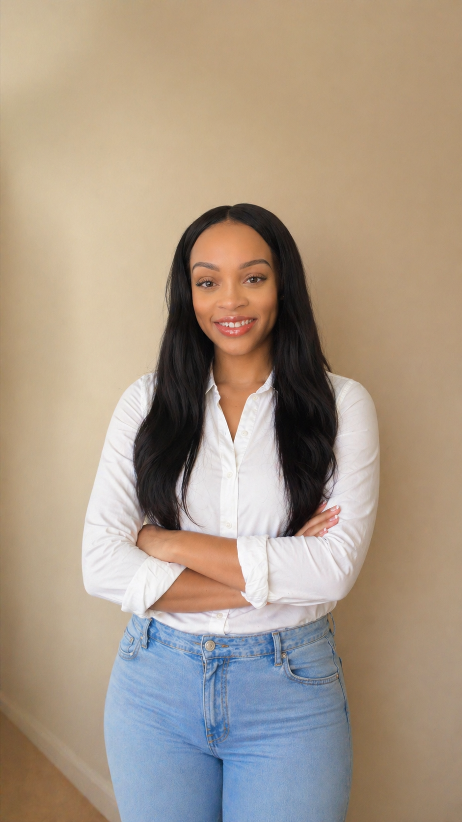 A woman with long black hair, wearing a white button-down shirt and light blue jeans, smiling with arms crossed in front of a beige wall.