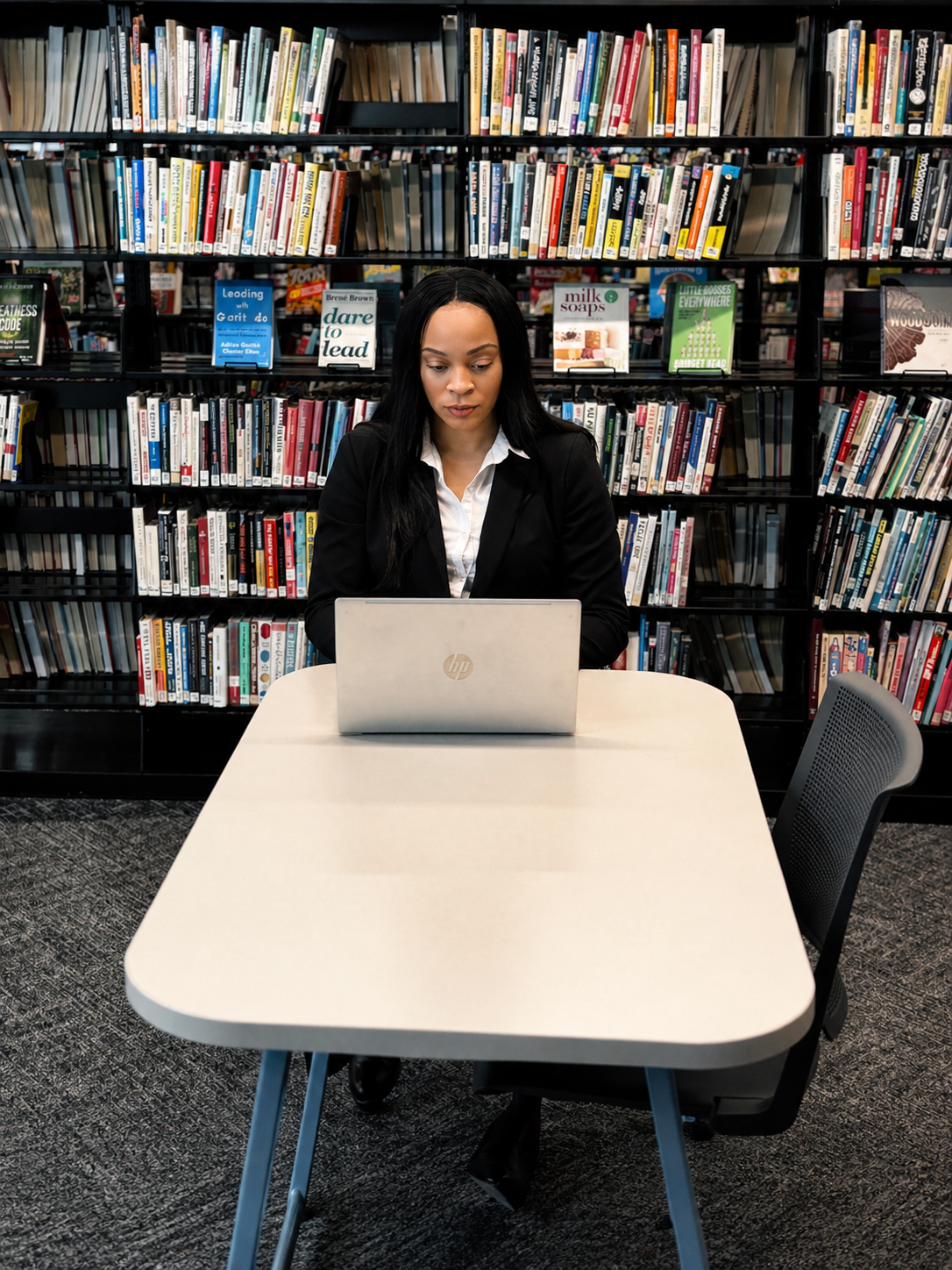 A woman sitting at a table in a library, working on a laptop, with bookshelves filled with books behind her.