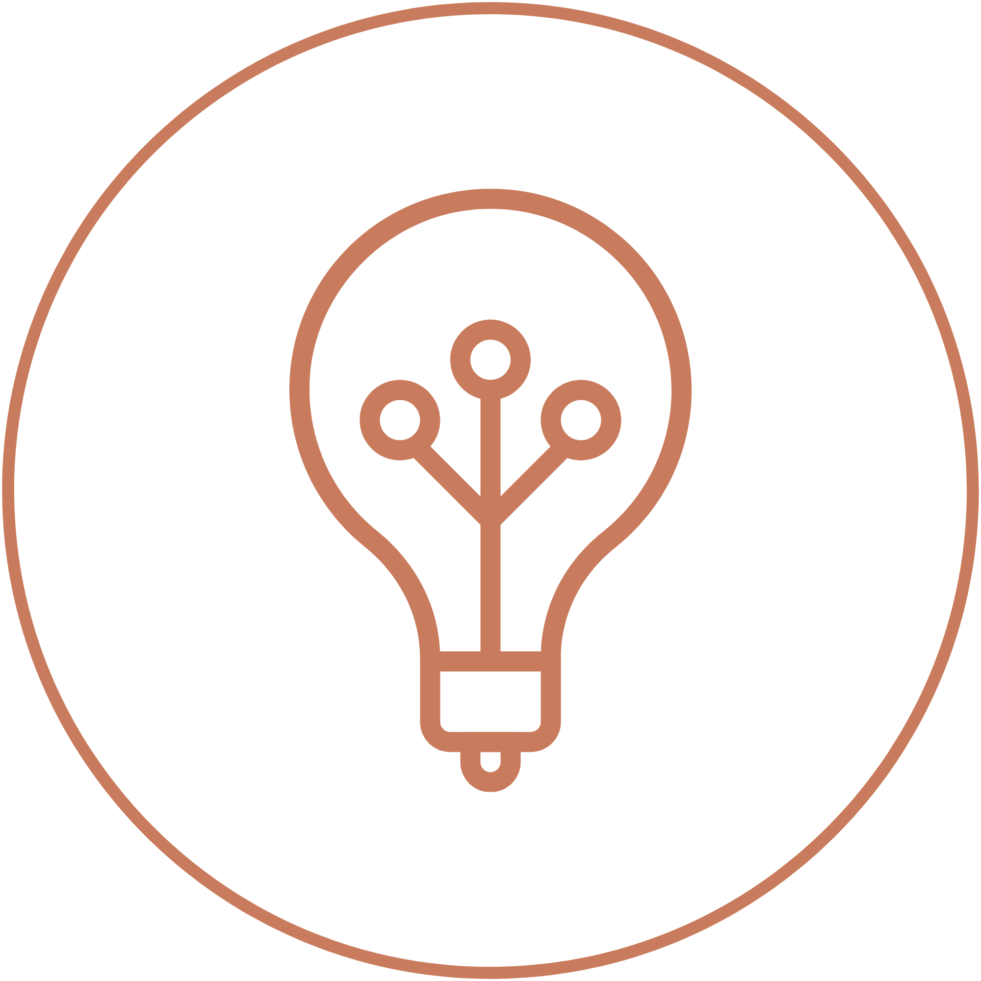 Minimalist line drawing of a light bulb with a node network inside, representing innovation or ideas, in a copper color on a white background.