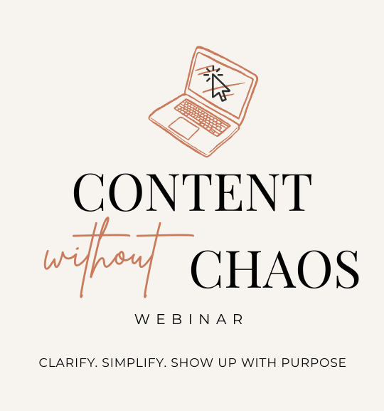 Graphic promoting a webinar titled 'Content without Chaos' with an illustration of a laptop and cursor, and text encouraging clarity, simplicity, and purposeful showing up.