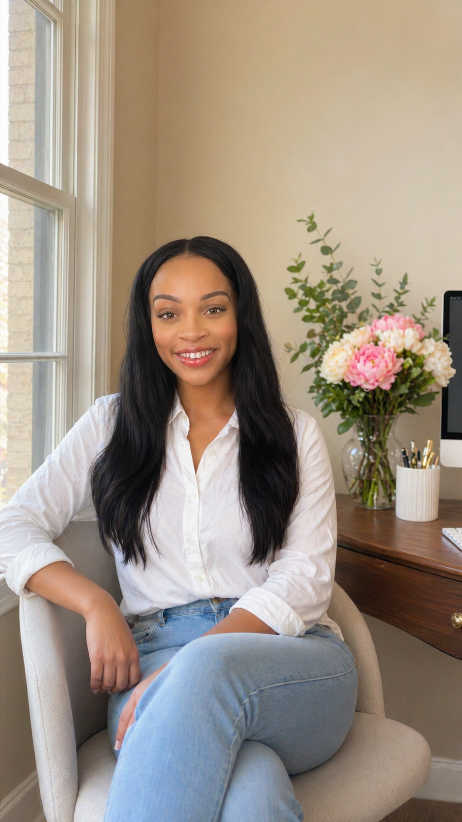 A young woman with long black wavy hair and a white shirt, sitting on a cream-colored chair near a window, smiling at the camera, with a desk behind her decorated with a vase of pink and white flowers and a computer.