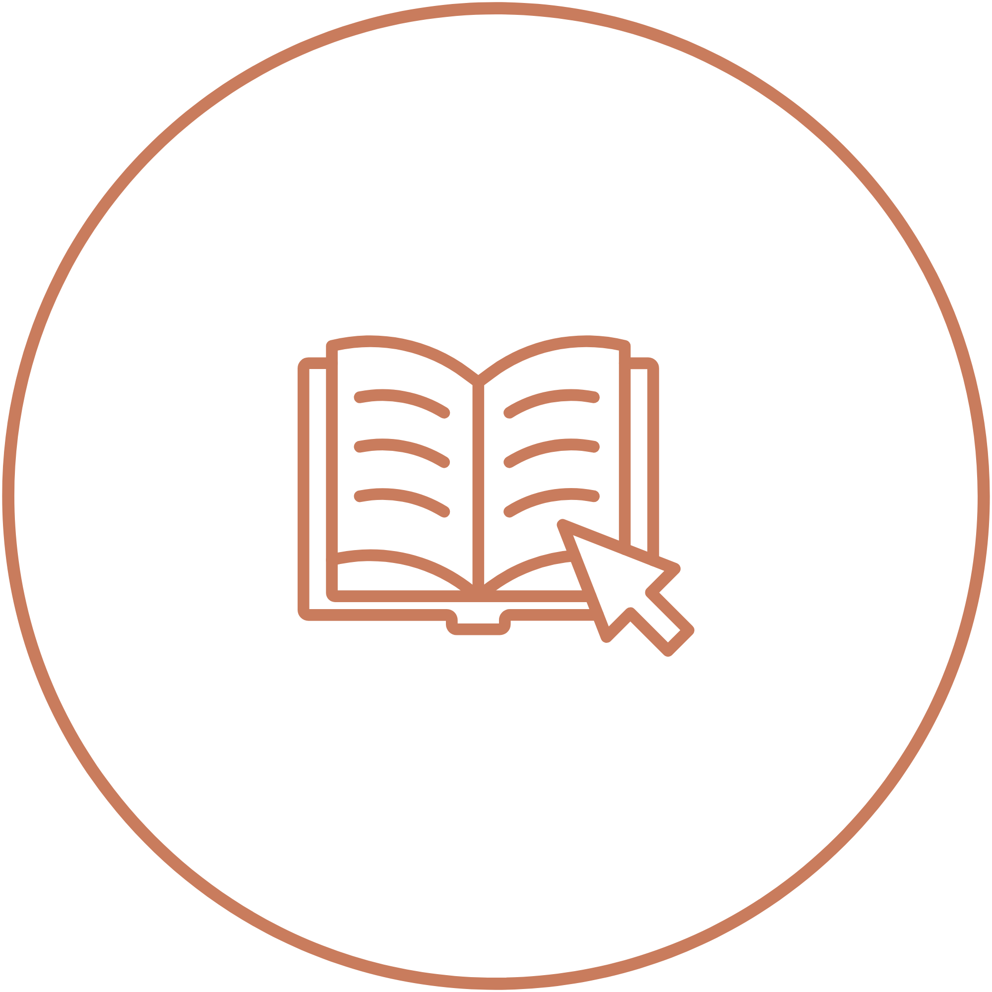 Illustration of an open book inside a circular outline, with a pair of glasses resting on the book.