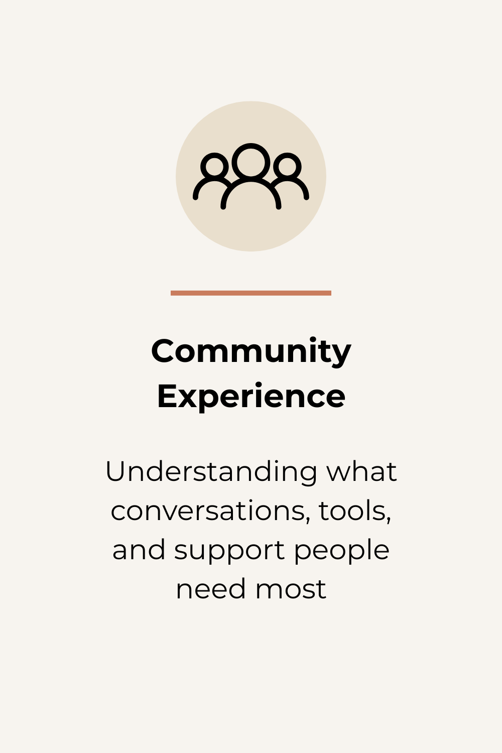Illustration of a group of people with the text "Community Experience" and a description about understanding conversations, tools, and support people need.
