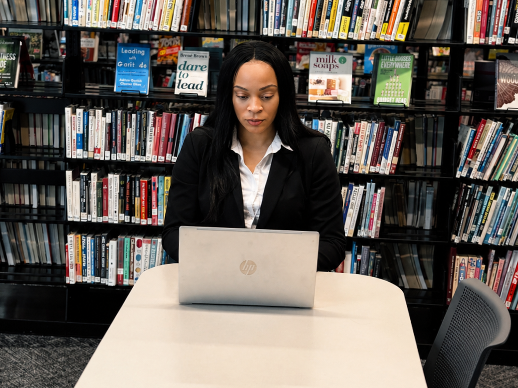 Woman sitting at a white table in a library with a laptop, shelves filled with books in the background.