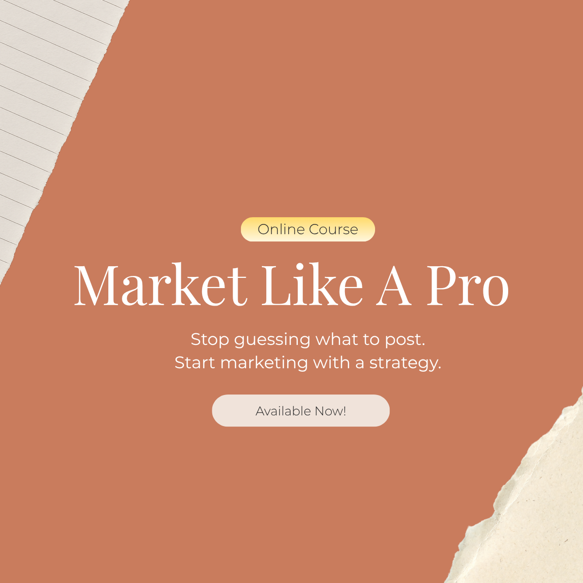 Online course advertisement for 'Market Like A Pro' with a brown and beige torn paper design background, featuring descriptive text about marketing strategy.