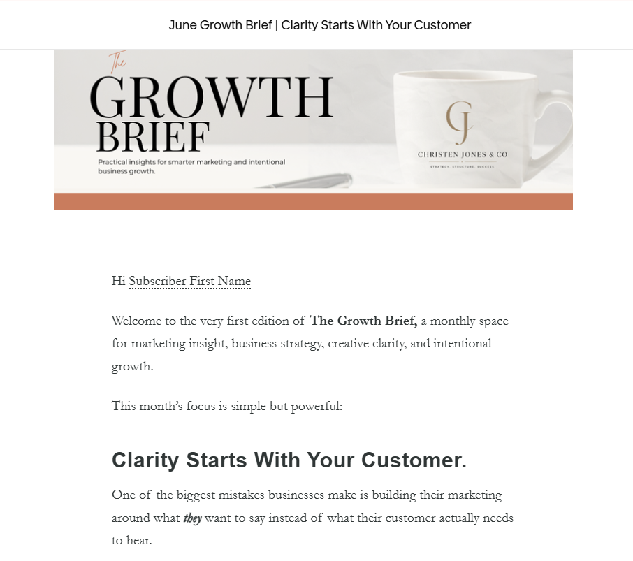 Newsletter titled 'The Growth Brief' with a white mug featuring the Christen Jones & Co logo, gray and peach color scheme, and a welcoming message.