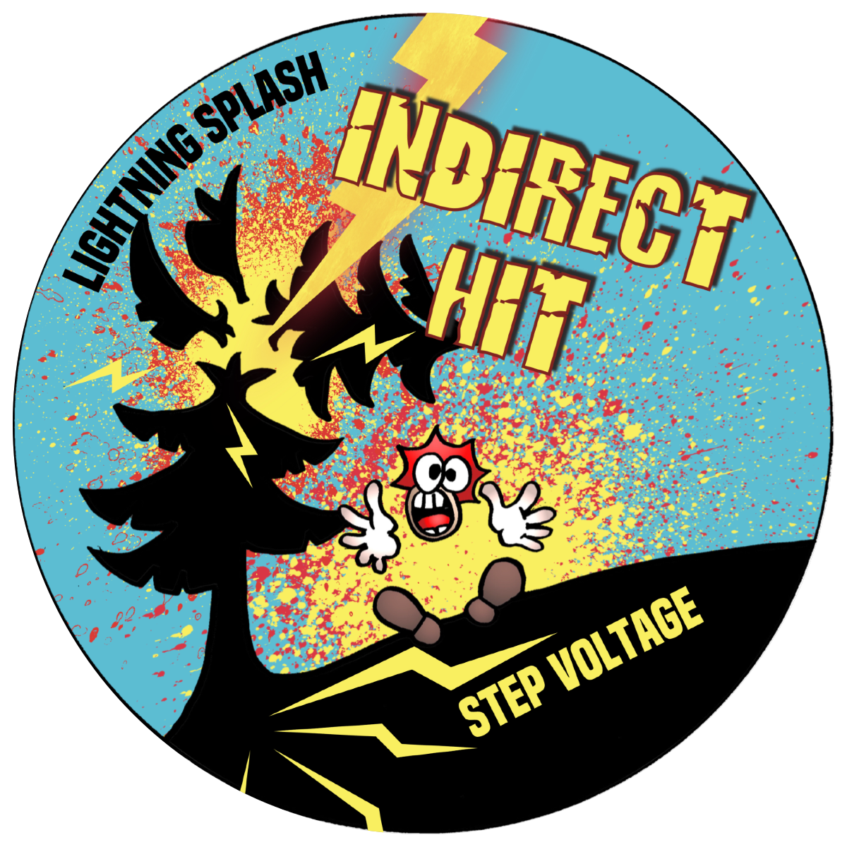 A comic-style warning label with lightning bolts, a silhouette of an electrical power pole with sparks, and a character with a scared expression. The label says 'Lighting Splash', 'Incorrect Hit', and 'Step Voltage' in bold, colorful text.
