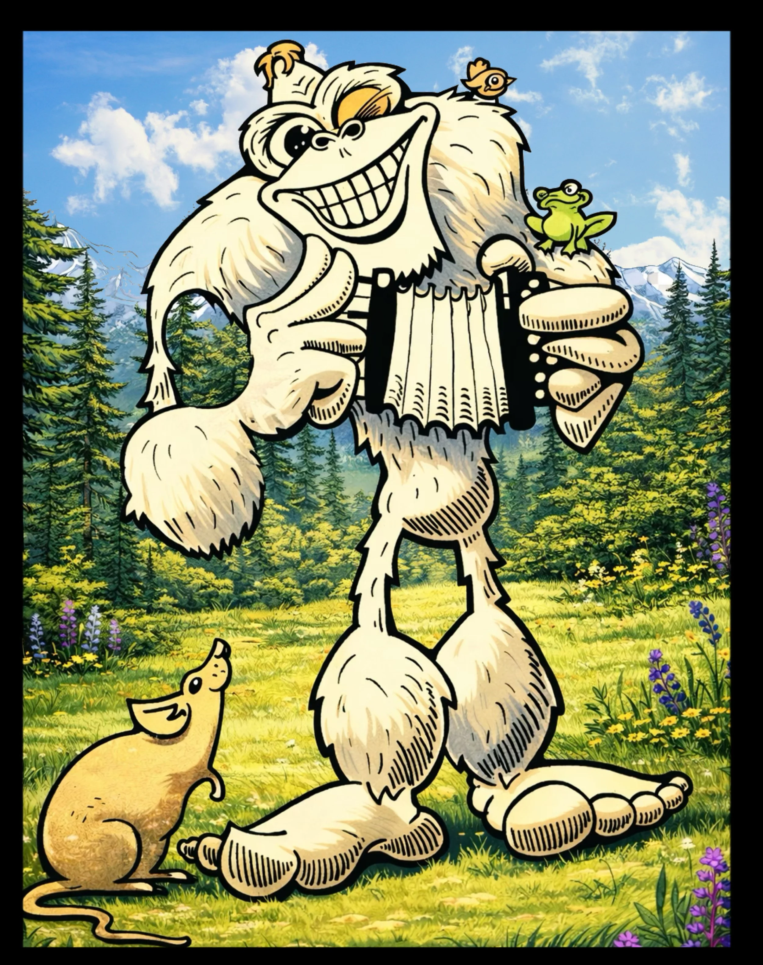 Cartoon of a large friendly lion playing an accordion in a green meadow with trees, flowers, and mountains in the background, with smaller animals, including a duck, a frog, and a chick, surrounding it.