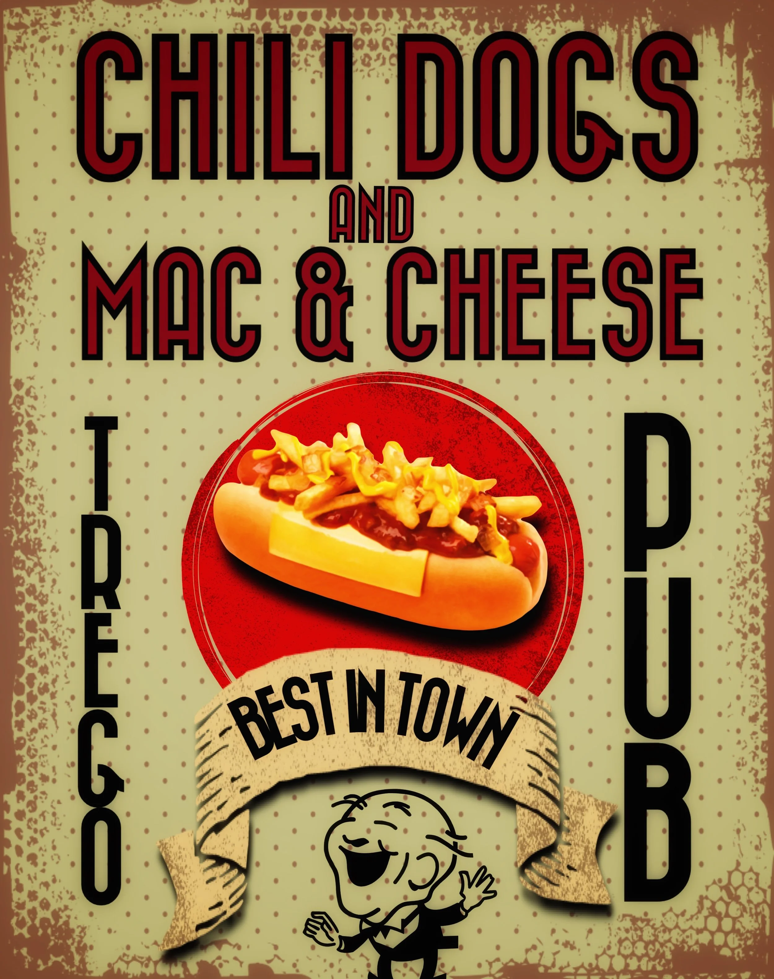 A poster promoting hot dogs and cheese, highlighting a hotdog with melted cheese and toppings, and a cartoon character with a big smile holding a hotdog. The background has a vintage appearance.