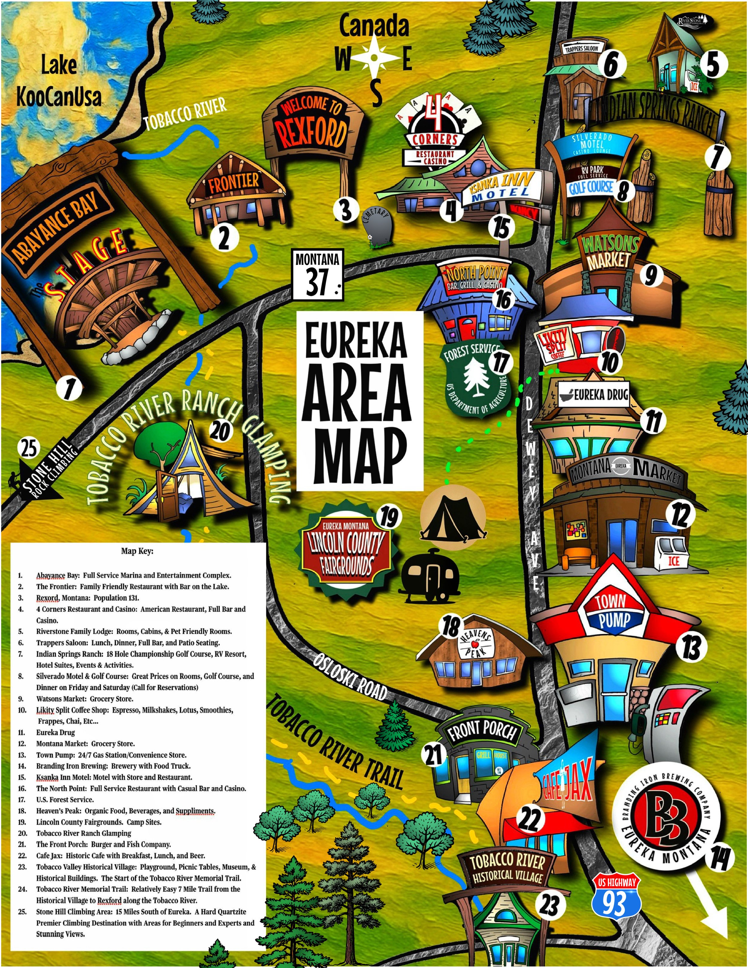Colorful illustrated map of Eureka, Montana area with landmarks, roads, and attractions labeled, including lakes, restaurants, hotels, parks, and recreational sites.