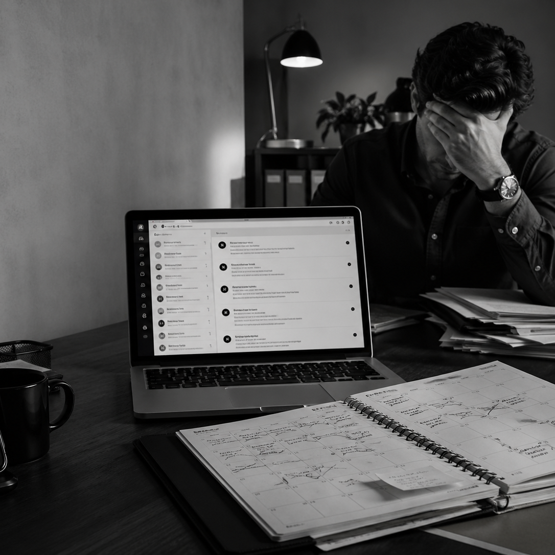 A man sitting at a cluttered desk with a laptop, several notebooks, and a coffee mug, holding his head in his hand in a frustrated or stressed manner, in a home office setting.