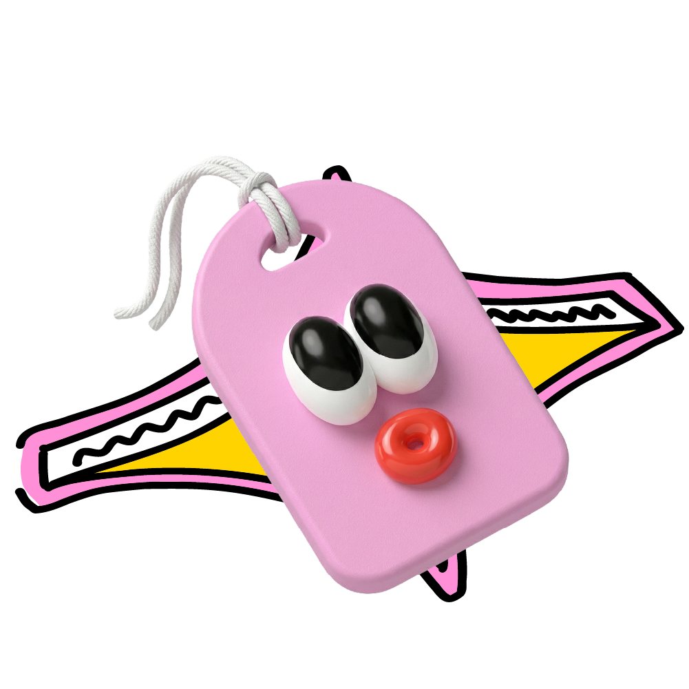 Pink cartoon-style flying creature with large eyes and a red nose, set against a colorful star background.