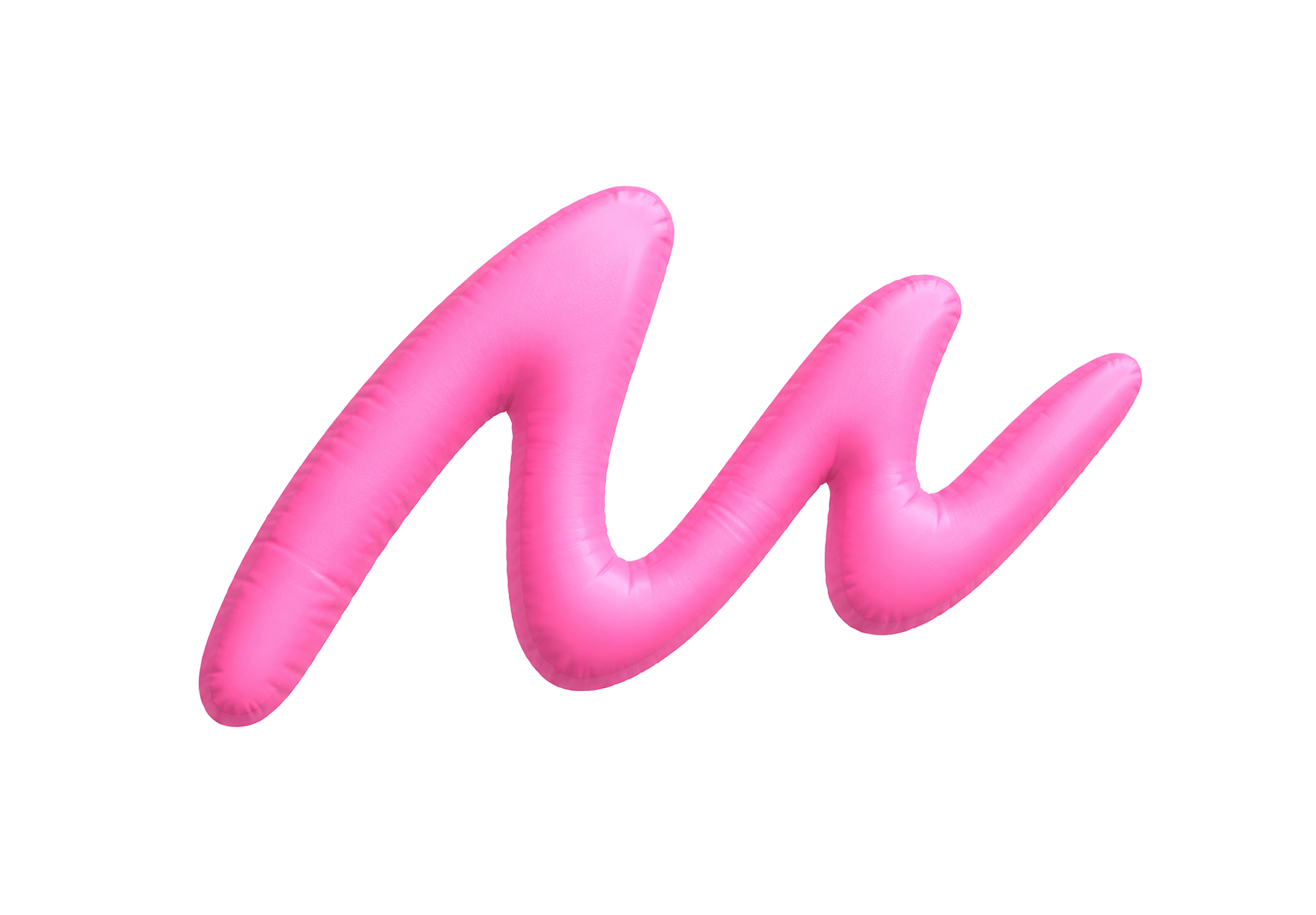 Close-up of a pink, inflated balloon shaped like cursive writing on a transparent background.