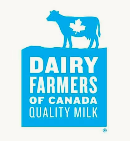 Logo for Dairy Farmers of Canada featuring a cow with a maple leaf on its side and text indicating 'Dairy Farmers of Canada Quality Milk'