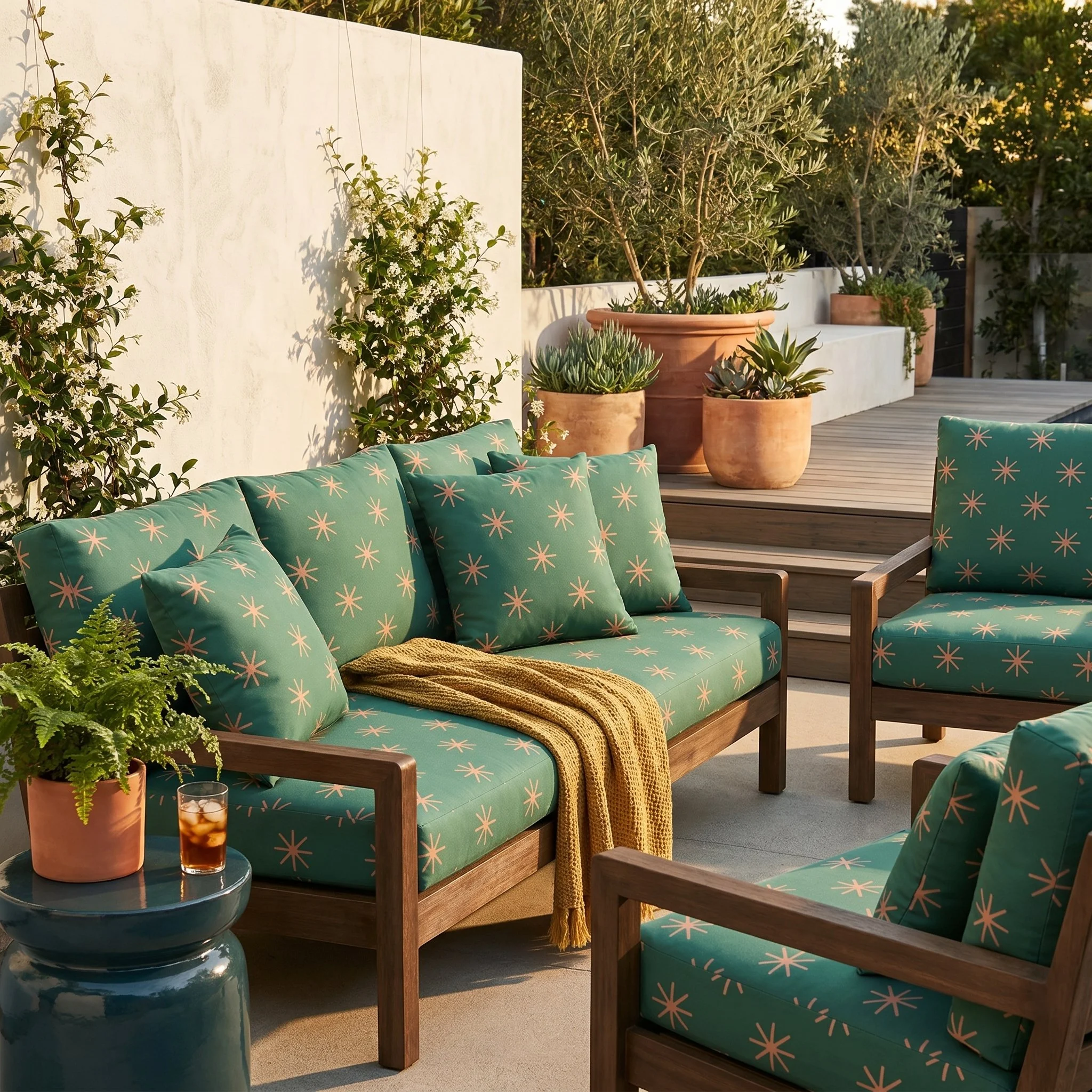 Woodland:  A cheerful tossed star stitch pattern in warm peach on a deep forest green. Bold and fresh with a nature-inspired retro feel.