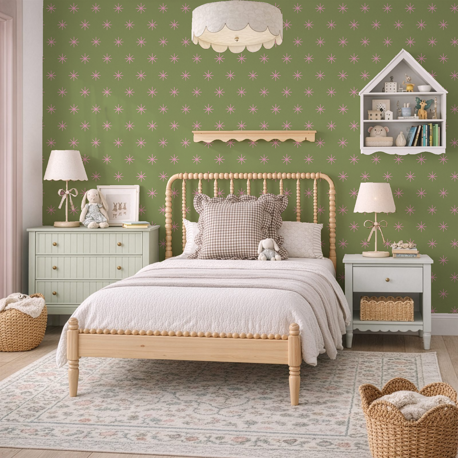 Meadow:  A cheerful tossed star stitch pattern in soft pink on a warm olive green. Playful and grounded with a retro botanical feel.