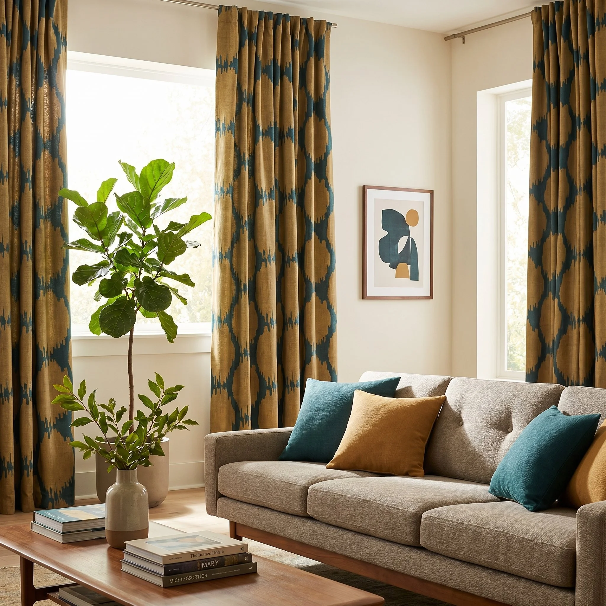 Bazaar:  A large-scale textural medallion in warm golden ochre on a deep teal ground. Jewel-toned and striking with a rich, worldly warmth.