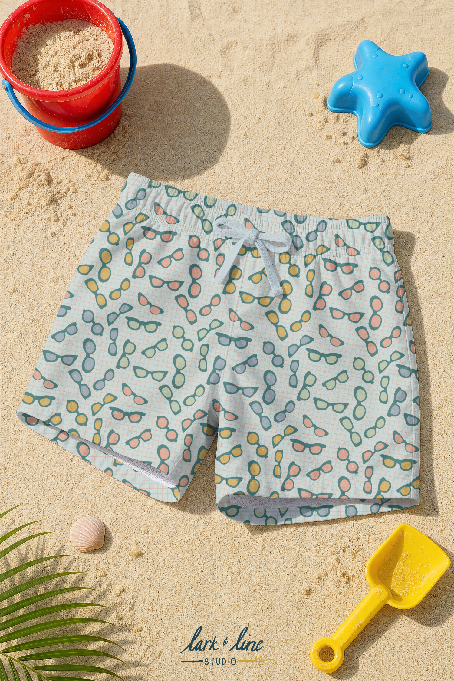 Poolside Shades:  Retro sunglasses scatter playfully across a delicate grid background in this cheerful conversational coordinate. Inspired by vintage resort fashion and sunny afternoons by the pool, this print adds a fun mid-century flair to the col