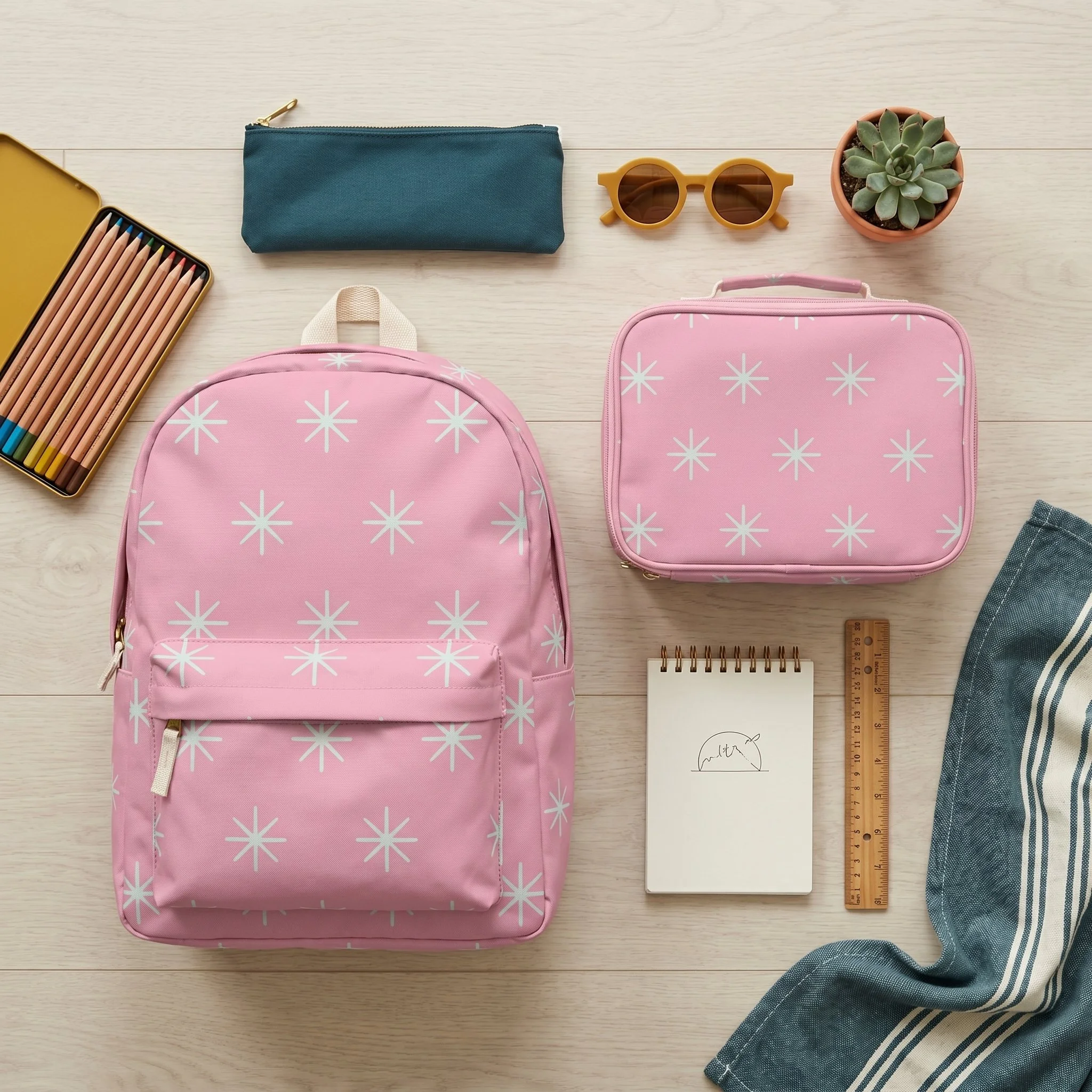 Clover:  A cheerful tossed star stitch pattern in soft mint on a rosy pink ground. Sweet and springlike with a playful retro charm.