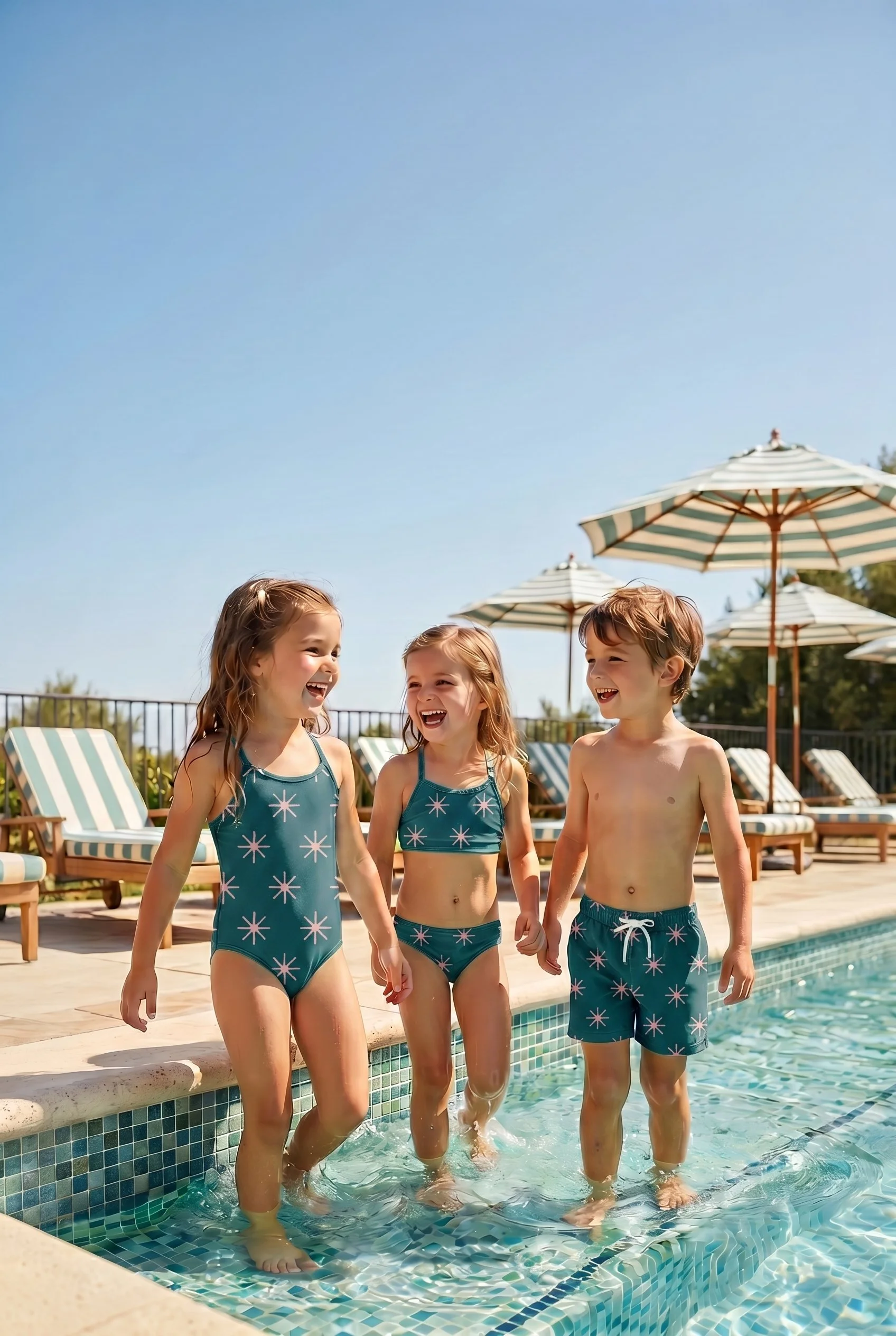 Peacock:  A cheerful tossed star stitch pattern in soft pink on a rich deep teal. Bold and striking with a playful retro energy.