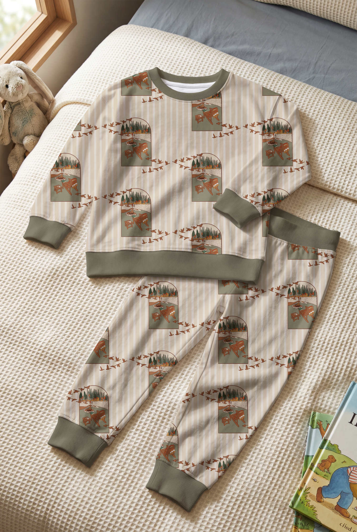 Flying South:  A cozy lakeside retreat framed by migrating birds, capturing the peaceful rituals of reading, gathering around a campfire, and savoring the quiet beauty of autumn.