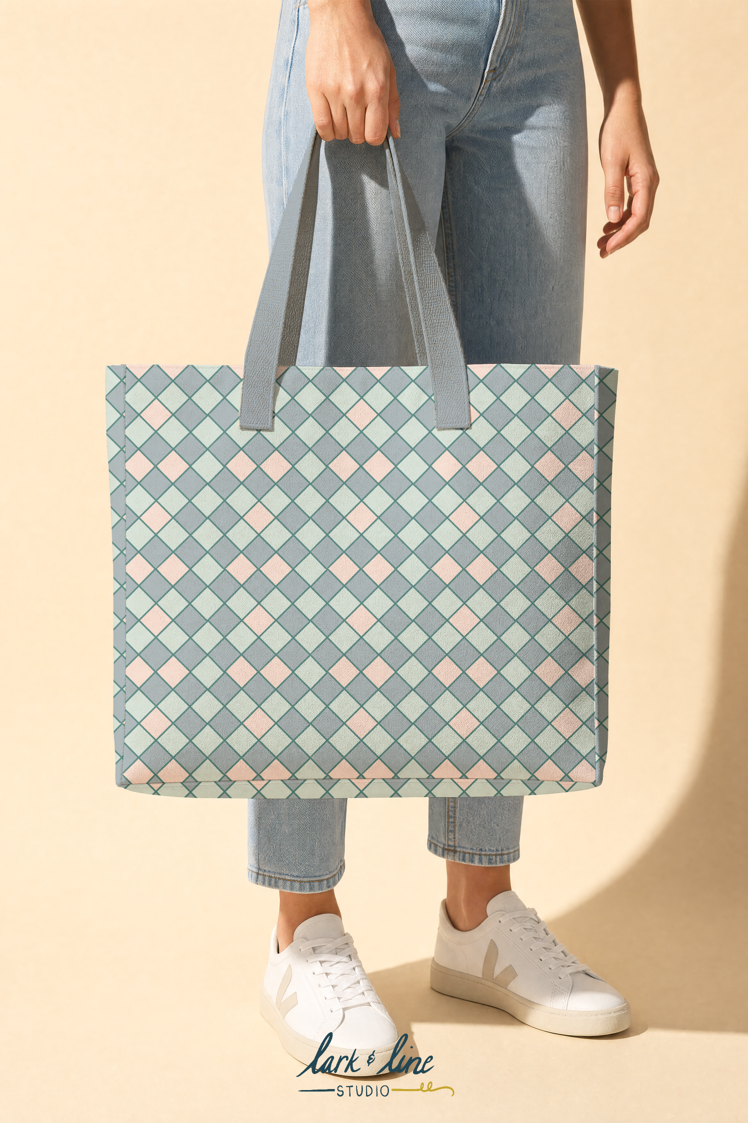 Seaglass Tile:  A geometric diamond tile blender inspired by vintage resort pool tile and coastal architecture. Soft sea-glass greens and weathered blues create a calming rhythm that beautifully supports the collection while standing strong on its ow