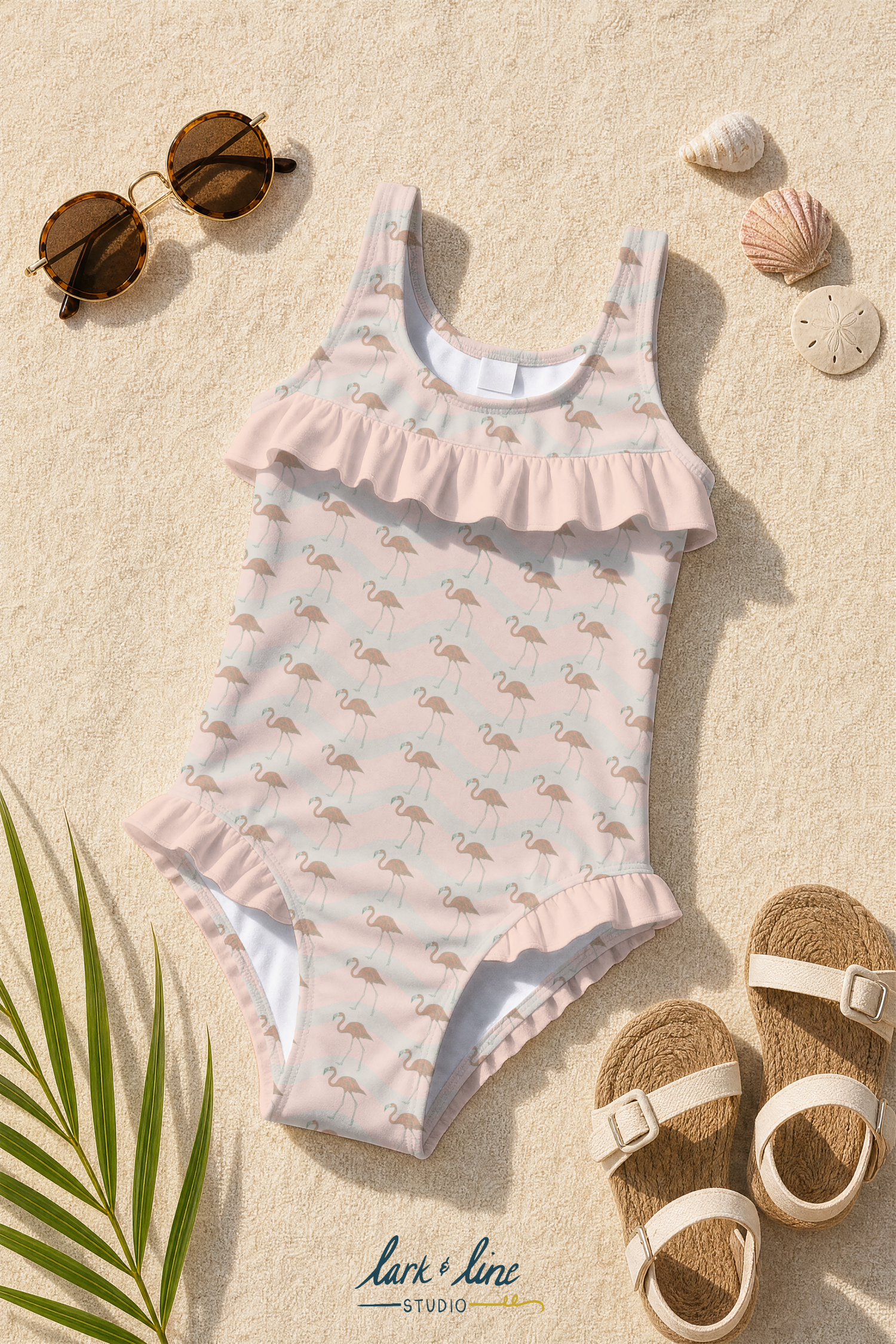 Flamingo Tide:  Elegant flamingos stroll across softly flowing resort-inspired waves in this understated conversational print. The muted blush and sand-toned palette gives the design a sun-faded vintage quality while maintaining a light and airy soph